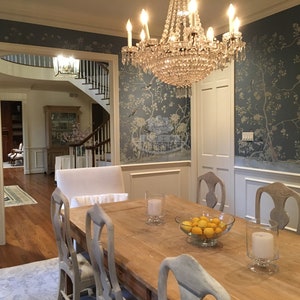 Blue Chinoiserie Wallpaper Mural on Slub Silk | Hand-Painted Birds & Floral Dining Room Wall Art | G-005 Grand View Garden