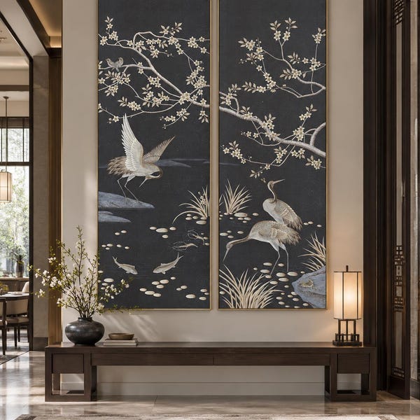Chinoiserie Crane Diptych, Handpainted on Antiqued Black Paper | G-014 Cranes Alight | 36 x 96 Unframed Wall Panels