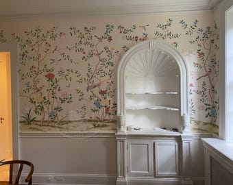 Chinoiserie Handpainted Wallpaper – Grand View Garden (G-005) on Ivory Paper | Custom Bird & Floral Mural | Luxury Wallcovering