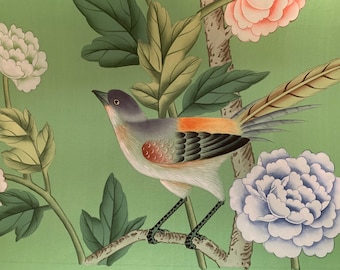 G-005 SAMPLE in STOCK for Chinoiserie Handpainted Wallpaper on Emerald Green Silk SP-13
