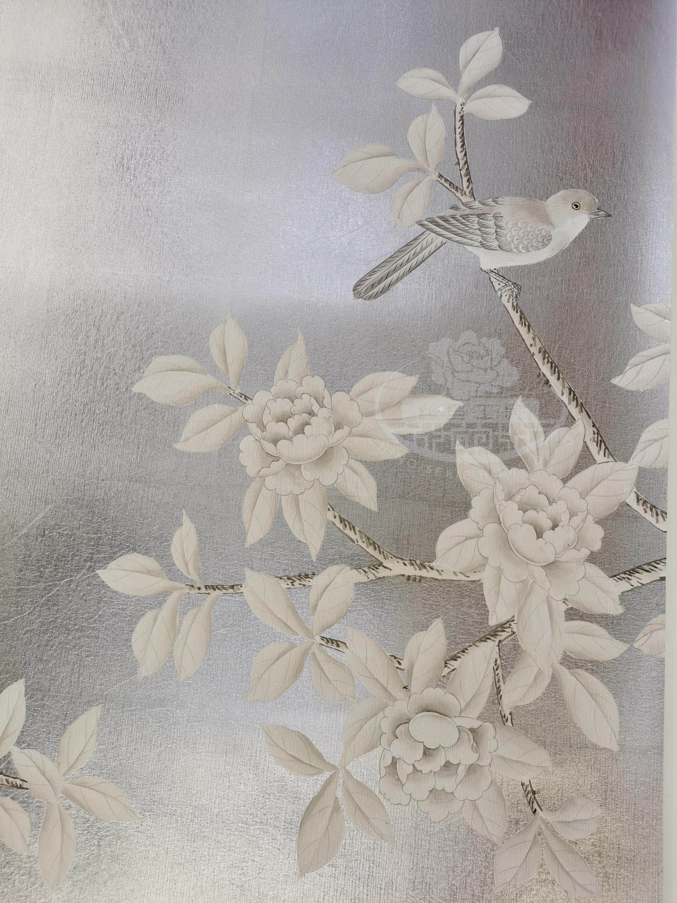 シノワズリ手描き壁紙 G-031 | シャンパンメタリックリーフに鳥と花柄