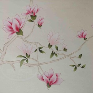 Chinoiserie wall panels with pink magnolia and birds hand-painted on ivory silk