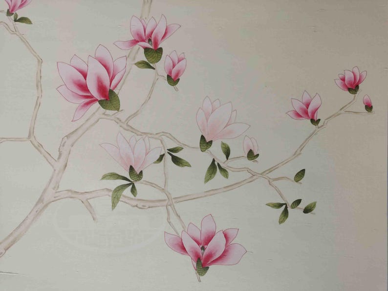 Chinoiserie wall panels with pink magnolia and birds hand-painted on ivory silk