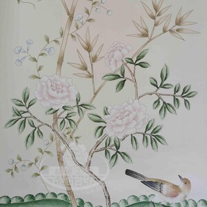 Hand-painted chinoiserie wall panels featuring bamboo, birds, and white peonies on ivory silk, custom artwork in a soft green garden landscape