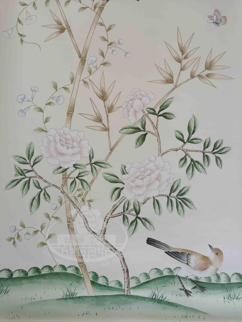 Hand-painted chinoiserie wall panels featuring bamboo, birds, and white peonies on ivory silk, custom artwork in a soft green garden landscape