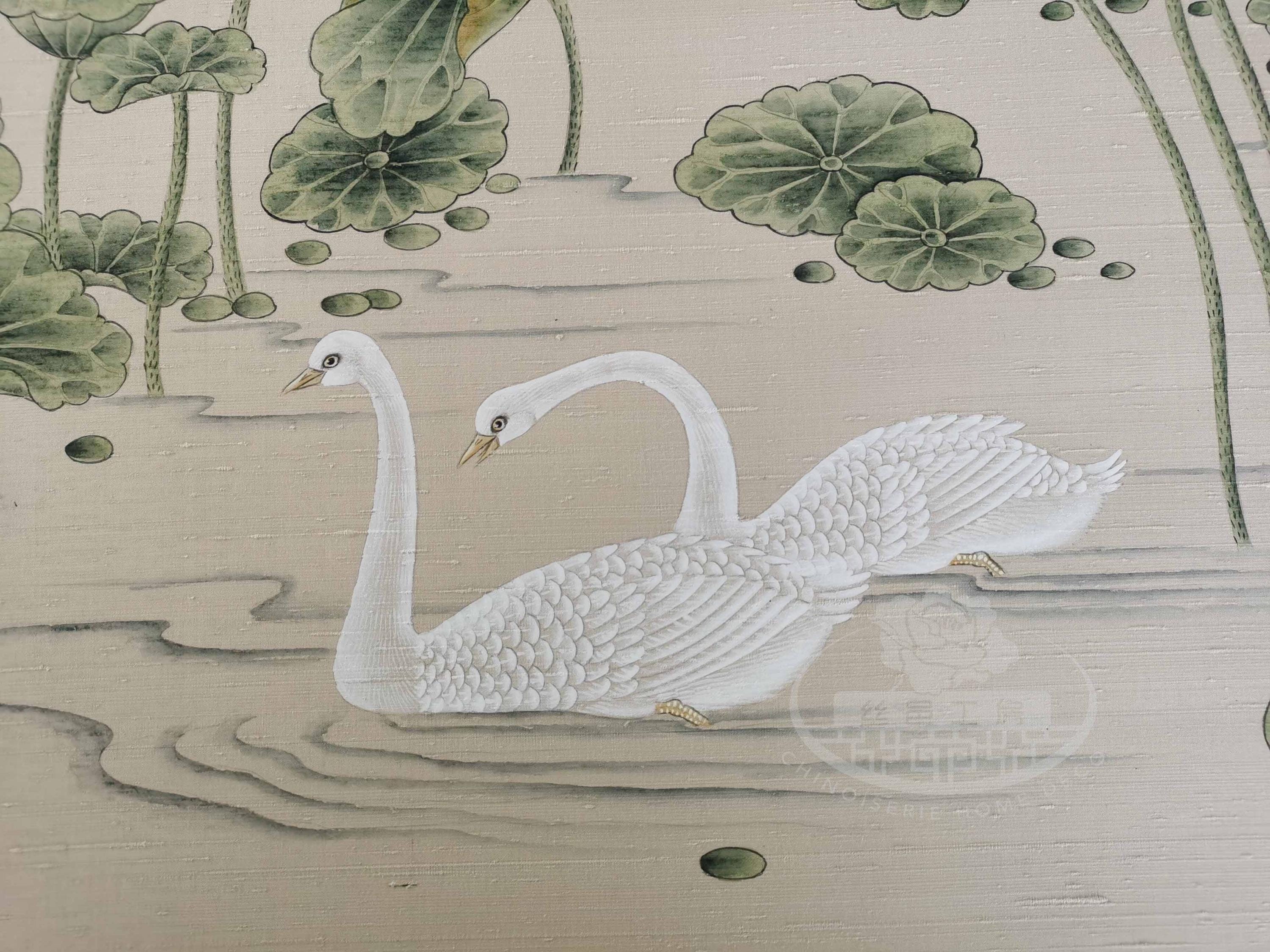 Chinoiserie Handpainted Crane & Swan Wall Art – 3 Panels on Champagne Slub Silk | Luxury Lotus Pond Mural