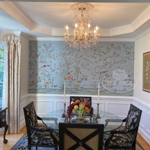 G-005 Grand View Garden | Chinoiserie Wallpaper Mural, Blue Slub Silk Wallcovering with Hand-painted Birds & Flowers, Dining Room Decor
