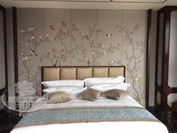 Custom Chinoiserie Wall Mural – Handpainted Birds & Blossoms on Gray Silk  With Embroidery | Kempinski Hotel G-006 | Luxury Wallpaper Panel - Etsy