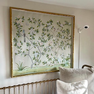 40" x 36" Chinoiserie Handpainted Artwork on Gray Spun Silk SP-15 Without Frame