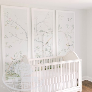 Chinoiserie Nursery Wall Art – Hand-Painted Botanical Mural on Pale Blue Silk | 24"x72" Unframed Panel SP-30