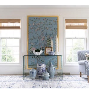 Peacock & Peony Chinoiserie Wall Art – 51"x72" Hand-Painted Mural on Blue Slub Silk | Unframed Botanical Panel