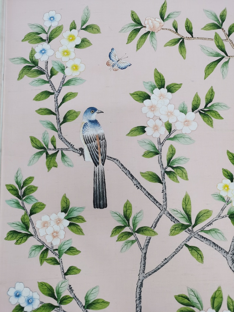 Chinoiserie Nursery Wall Art – Hand-painted Botanical Birds on Pink ...