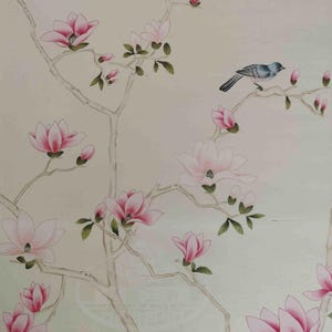 Chinoiserie wall panels with pink magnolia and birds hand-painted on ivory silk
