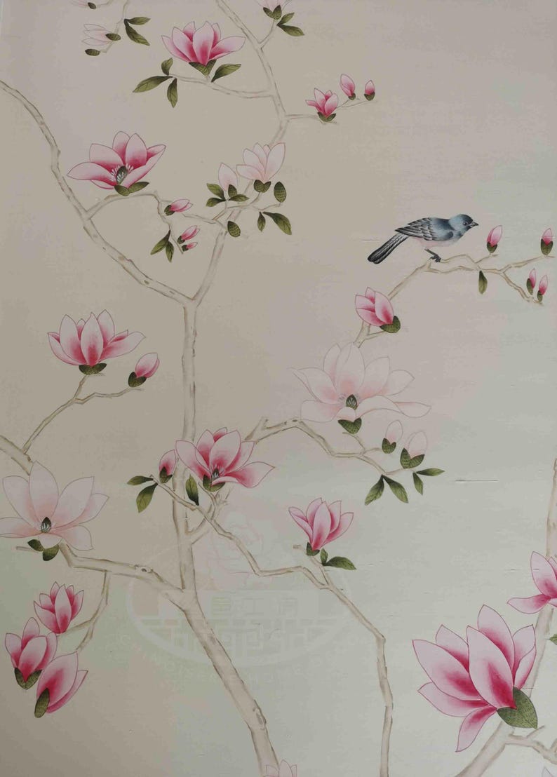 Chinoiserie wall panels with pink magnolia and birds hand-painted on ivory silk