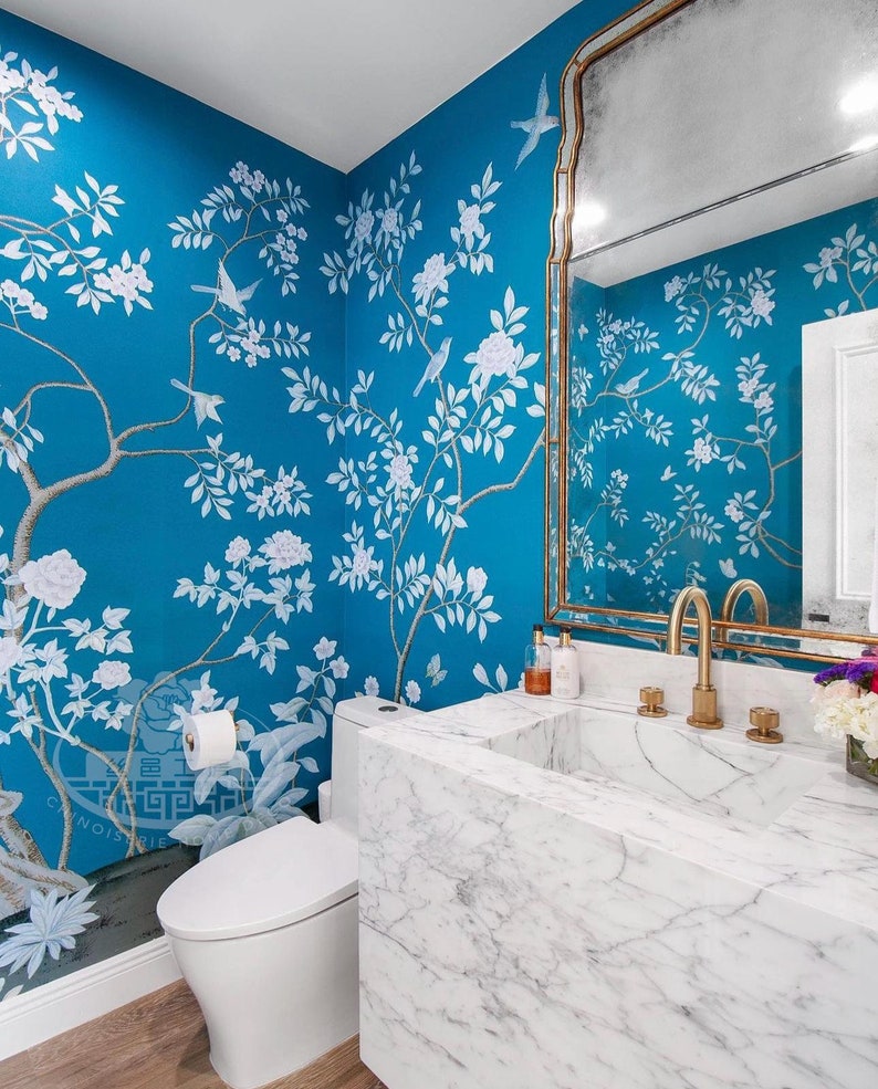 Chinoiserie Handpainted Wallpaper on Custom Blue Paper | Botanical ...