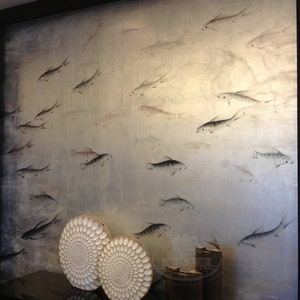 G-028 Koi Fish Chinoiserie Handpainting on Silver Leaf with Antique Finish