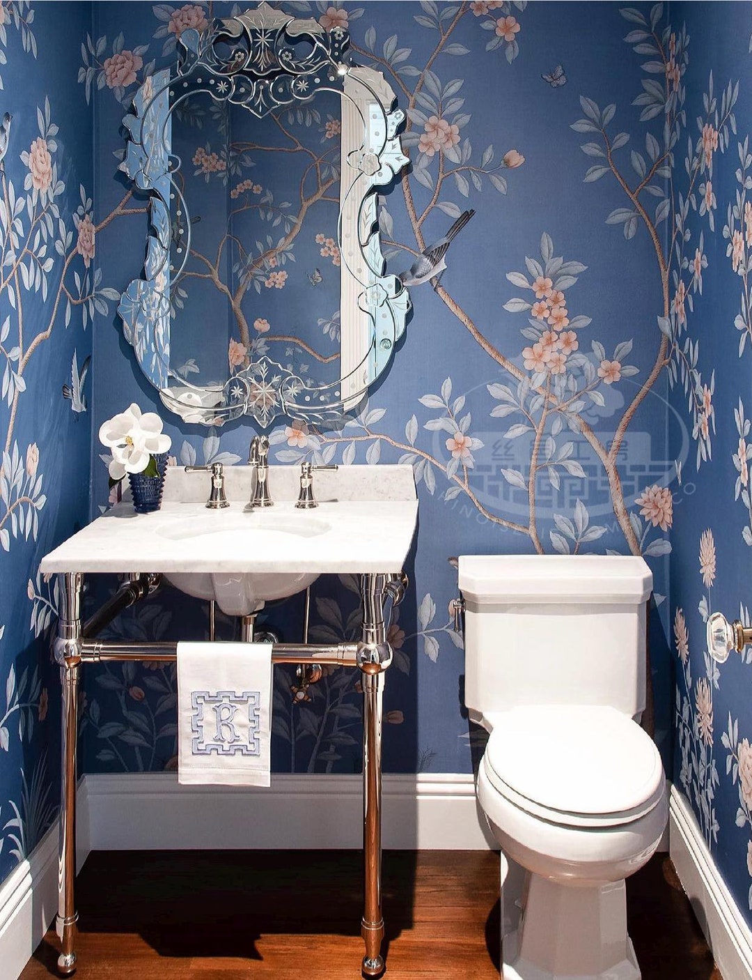 Chinoiserie Handpainted Wallpaper on Sky Blue Silk SP-22 | Birds ...