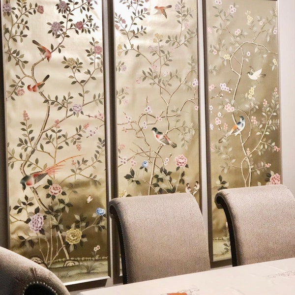 26" x 68" Chinoiserie Handpainted Artwork on Champagne Metallic Leaf ML-19 without Frame