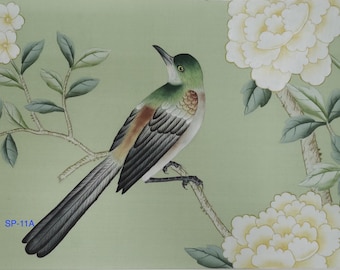 G-005 SAMPLE in Stock for Chinoiserie Handpainted Wallpaper with Cream Flowers on Green Silk