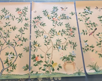 Chinoiserie Wall Art Panel – 24&quot;x42&quot; Hand-Painted Birds & Blossoms on Pale Pink Silk | Unframed Botanical Mural for Nursery or Powder Room