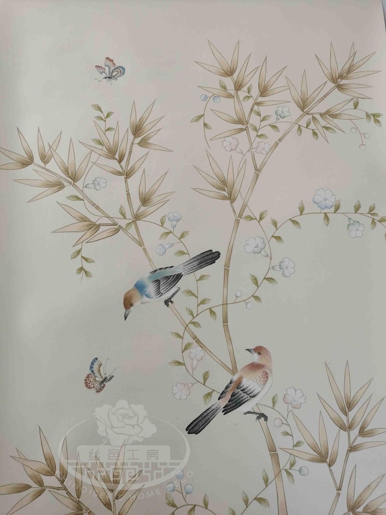 Hand-painted chinoiserie wall panels featuring bamboo, birds, and white peonies on ivory silk, custom artwork in a soft green garden landscape