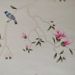 Chinoiserie wall panels with pink magnolia and birds hand-painted on ivory silk