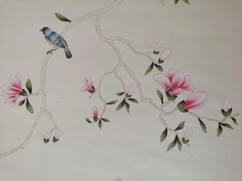Chinoiserie wall panels with pink magnolia and birds hand-painted on ivory silk