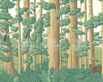 Puede incluir: Una pintura de un bosque con árboles altos y marrones y follaje verde. Hay un búho marrón volando en la esquina superior izquierda de la imagen. Un oso marrón está en la esquina inferior izquierda de la imagen. Un ciervo marrón está en la esquina inferior derecha de la imagen.