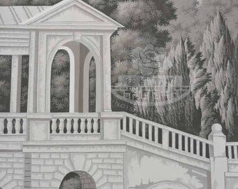 Muestra de papel pintado panorámico "Vista de Inglaterra": Mural de paisaje arquitectónico pintado a mano de 48 x 114 cm / Escena chinoiserie en escala de grises sobre papel