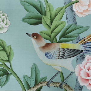 G-005 CAMPIONE in STOCK per carta da parati dipinta a mano Chinoiserie 12" x 8" in seta filata blu Duckegg SP-35