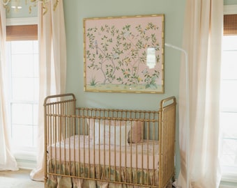 Chinoiserie Nursery Wall Art – Hand-Painted Botanical Birds on Pink Silk | Baby Girl Room Decor | 40"x36" Unframed Panel DP-59