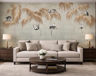 Chinoiserie Handpainted Silk Wallpaper – Monkey & Palm Mural on Slub Silk (CS-47) | Tropical Animal Wall Art | Custom Wallcovering Panel