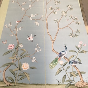 24&quot; x 72&quot; Chinoiserie Handpainted Artwork on Blue Slub Silk