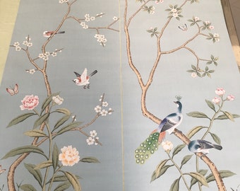 24&quot; x 72&quot; Chinoiserie Handpainted Artwork on Blue Slub Silk