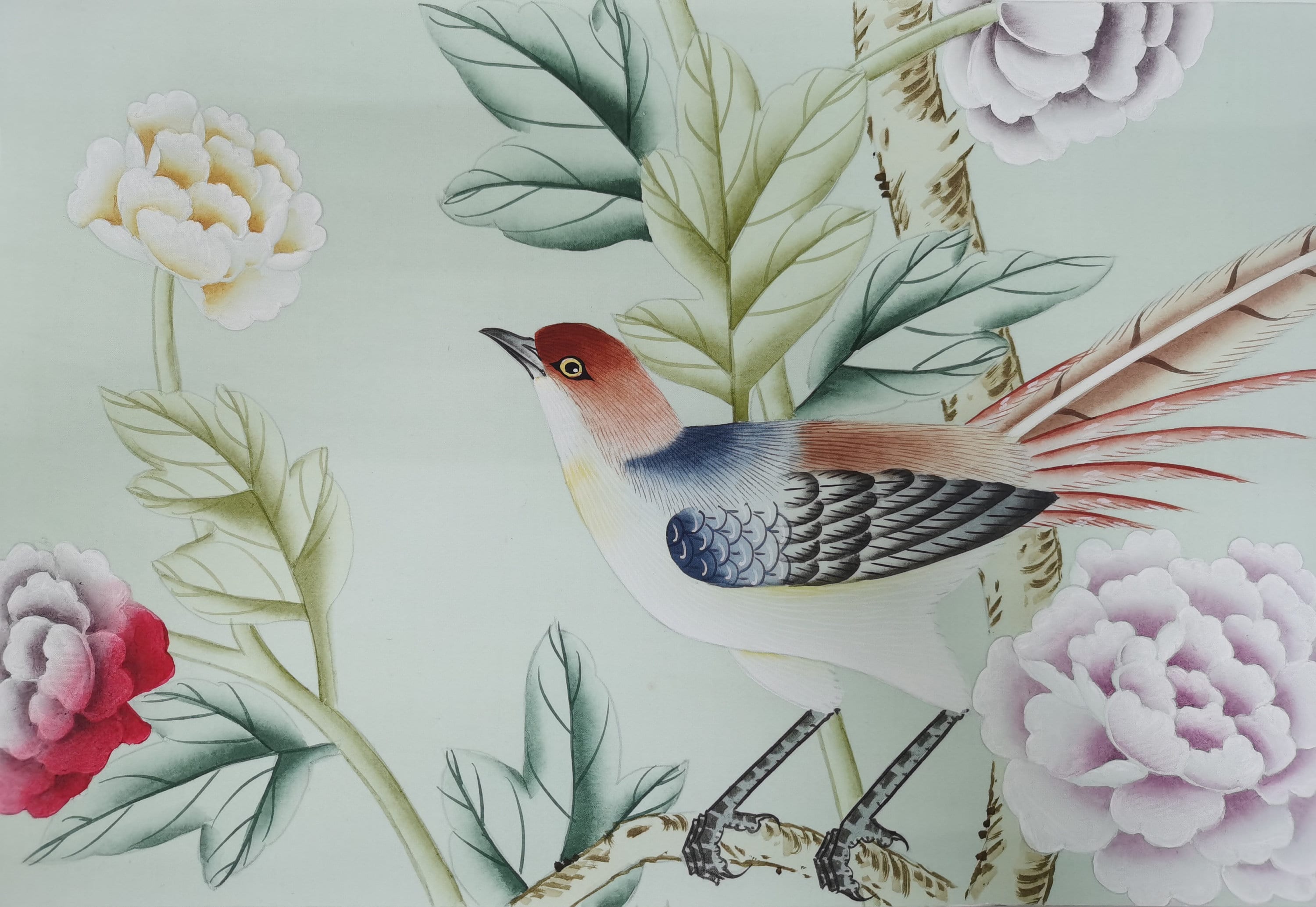 G-005 Sample in Stock for Chinoiserie Handpainted Wallpaper 12" x 8" in Light Blue Spun Silk SP-25