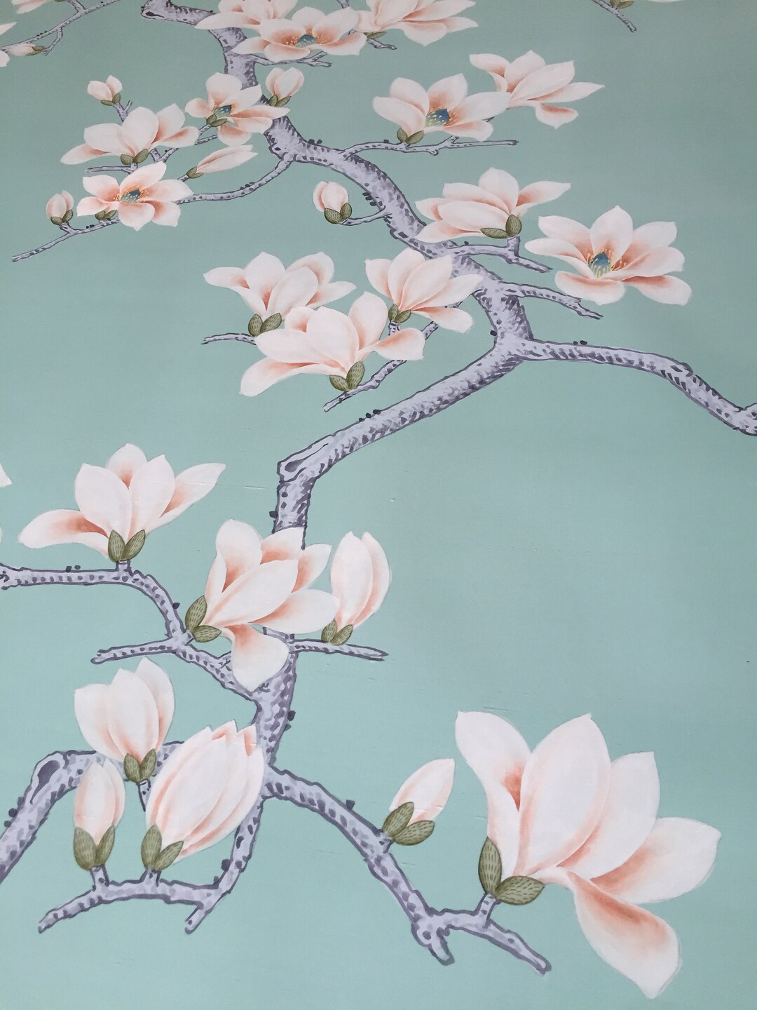 Chinoiserie Handpainted Magnolia on Blue Silk Wallpaper Custom Size Available Etsy Denmark