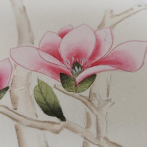 Chinoiserie wall panels with pink magnolia and birds hand-painted on ivory silk