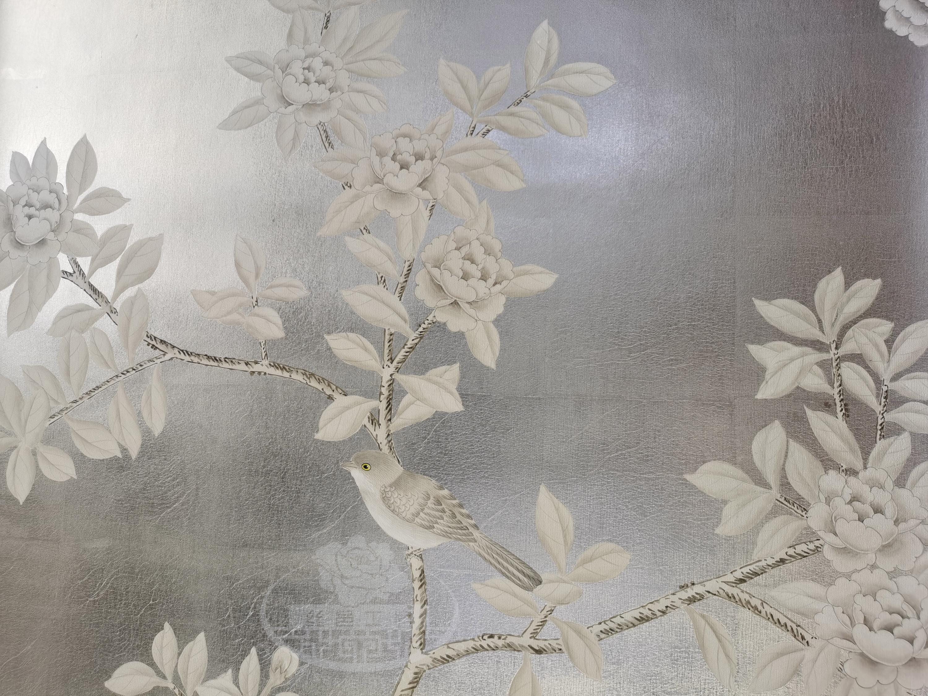 Chinoiserie Handpainted Wallpaper G-031 | Birds & Florals on Champagne ...