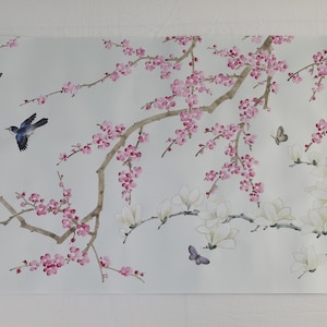 75”x 31” Chinoiserie Handpainted Artwork on Pale Blue Spun Silk SP-30