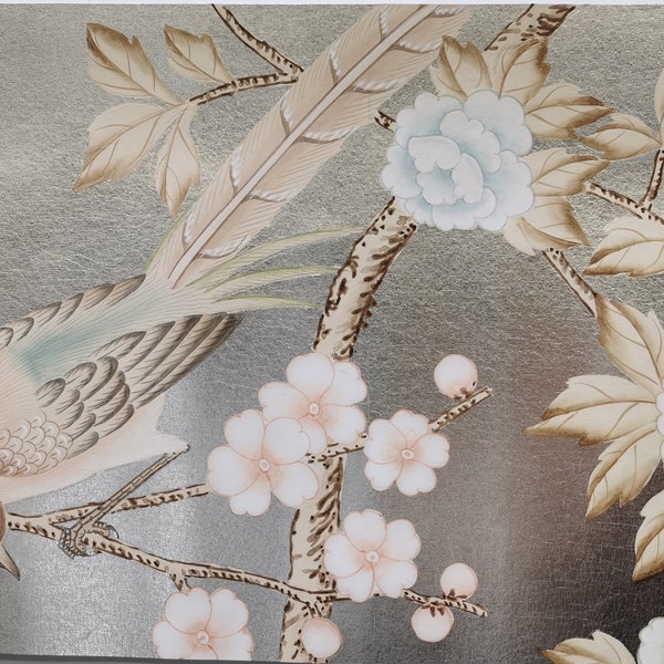 G-005 SAMPLE in STOCK for Chinoiserie Handpainted Wallpaper on Champagne Metallic Leaf ML-25