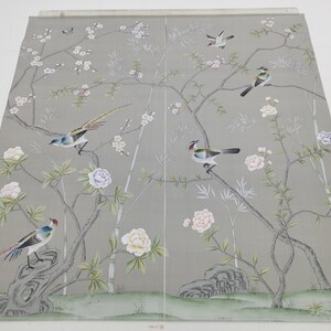 Reserved for Kate: 26" x 53" Chinoiserie handpainted artwork on Silver Gary Silk DP-24 in custom color