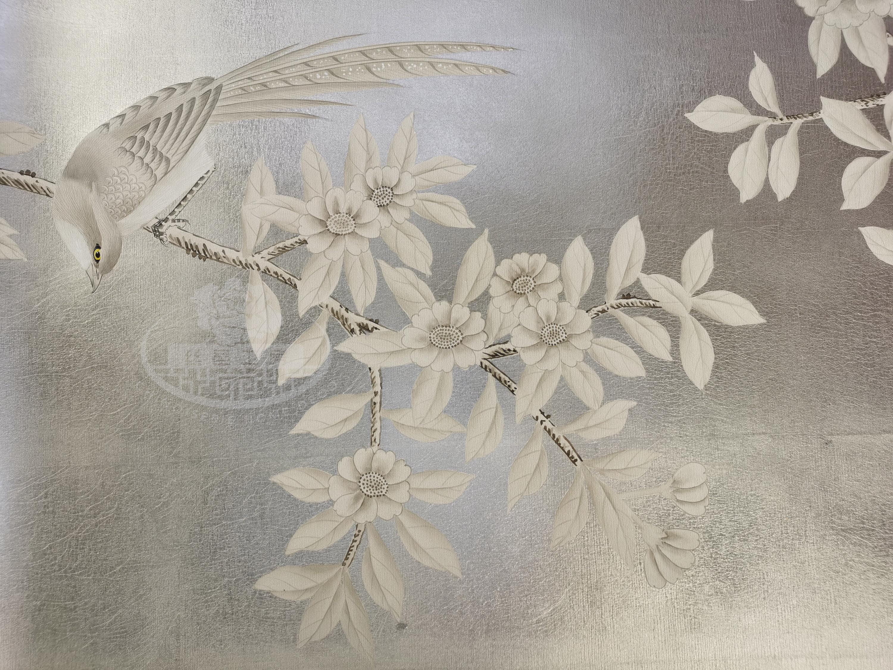 シノワズリ手描き壁紙 G-031 | シャンパンメタリックリーフに鳥と花柄