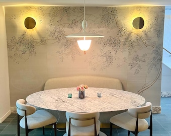 Chinoiserie Handpainted Olive Tree Wallpaper – G-035 Olive Haven | Botanical Wall Mural on Slub Silk CS-63 for Dining, Living Room