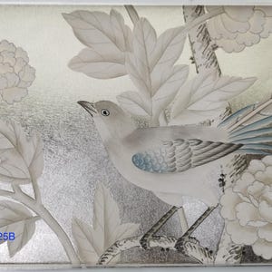 G-005 Muestra disponible para papel pintado chinoiserie pintado a mano de 30 x 20 cm sobre hoja metálica color champán ML-25