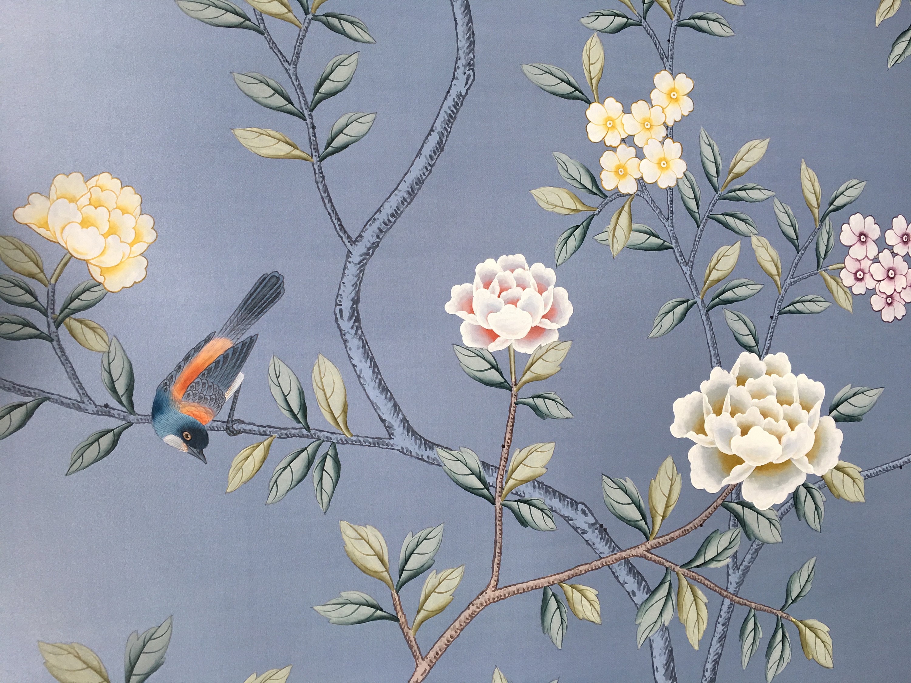 Chinoiserie handpainted wallpaper in sky blue silk 3 by 7 ft | Etsy