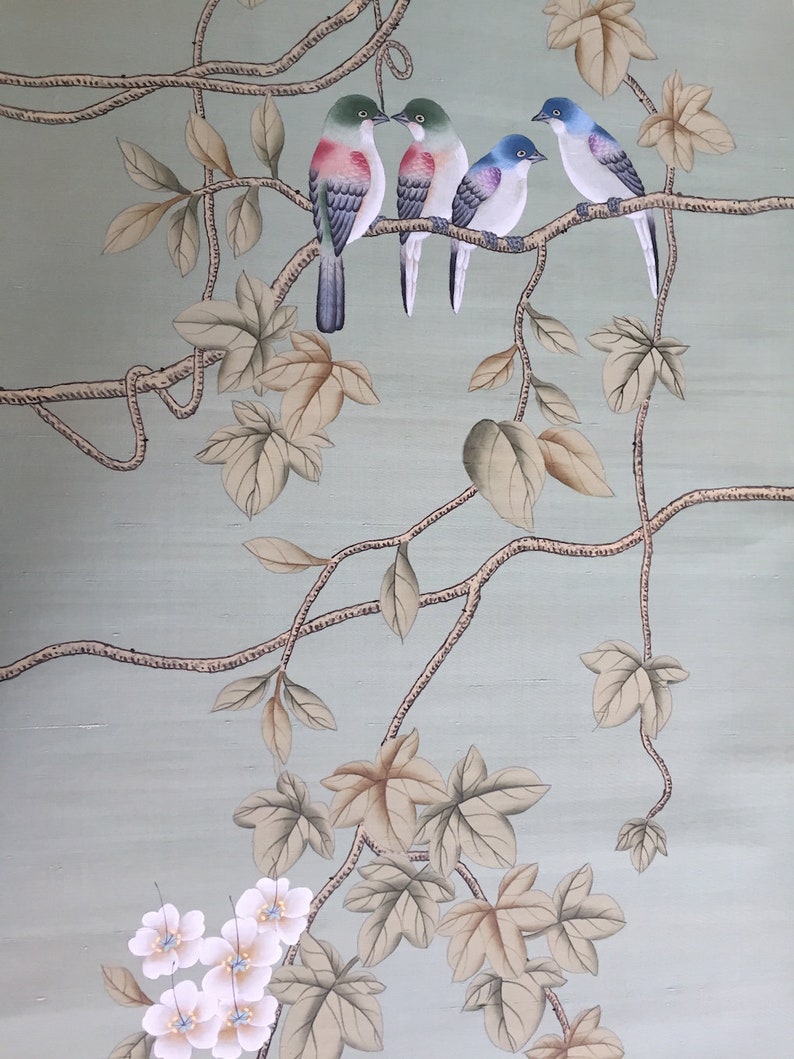 Chinoiserie Handpainted Silk Wallpaper Vines and Birds in Chinoiserie Handpainted Silk Wallpaper Vines and Birds in