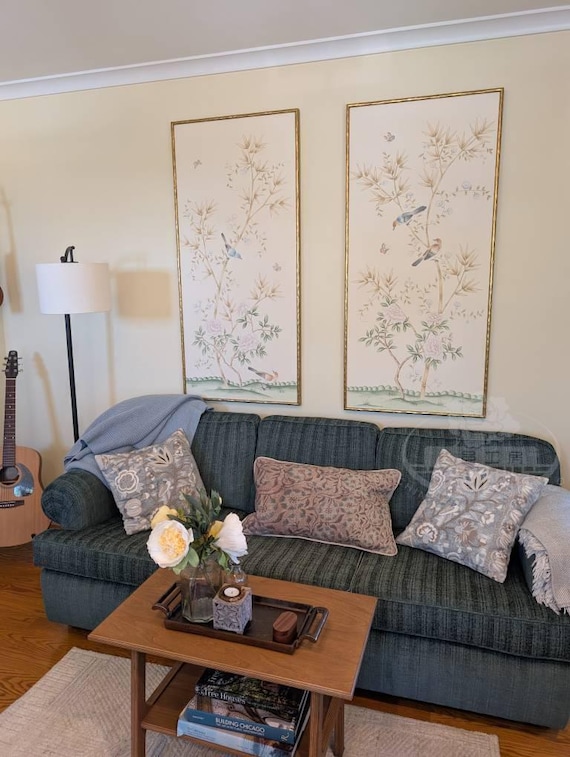 Pair of Chinoiserie Handpainted Art Panels Unframed – G-007 Bamboo Charm on Ivory Silk SP-18 | Birds & Peonies Wall Decor | 24"x52" Each