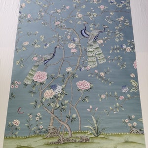 51" x 72" Peacock and Peony Chinoiserie Handpainted Artwork on Blue Slub Silk DP-54