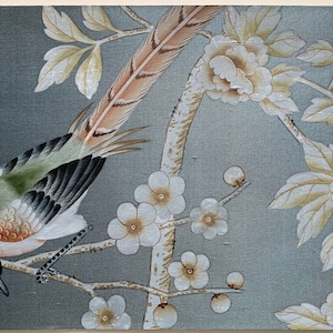 G-005 CAMPIONE in STOCK per carta da parati dipinta a mano Chinoiserie su seta slub blu grigio DP-26