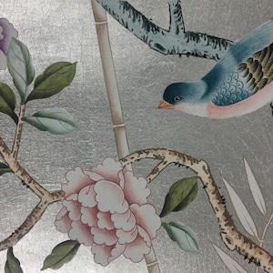G-003 CAMPIONE in STOCK per carta da parati dipinta a mano Chinoiserie su foglia metallizzata argento ML-3